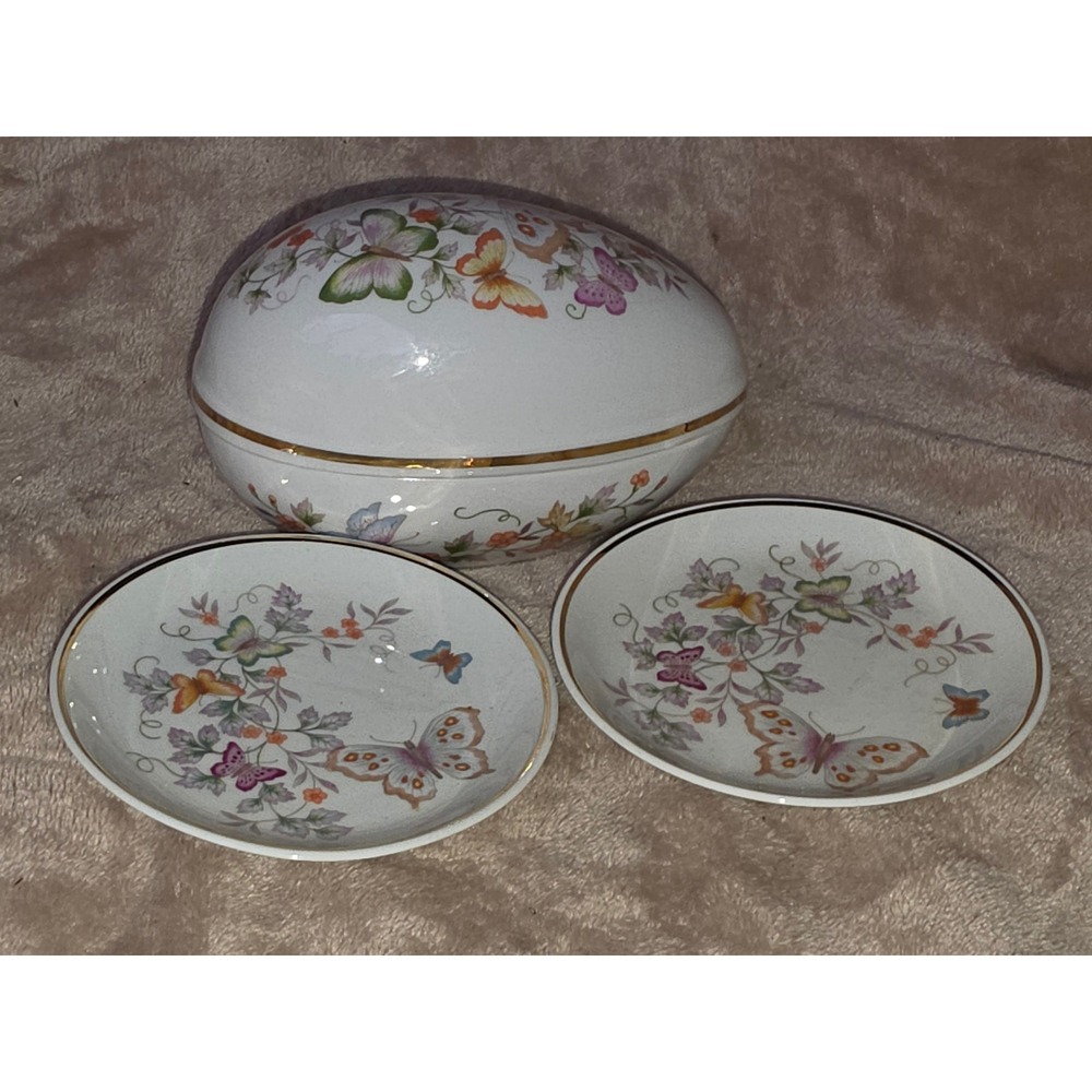 Vintage Avon Butterfly Porcelain Egg Trinket Box & Matching Plates 22K Gold Trim
